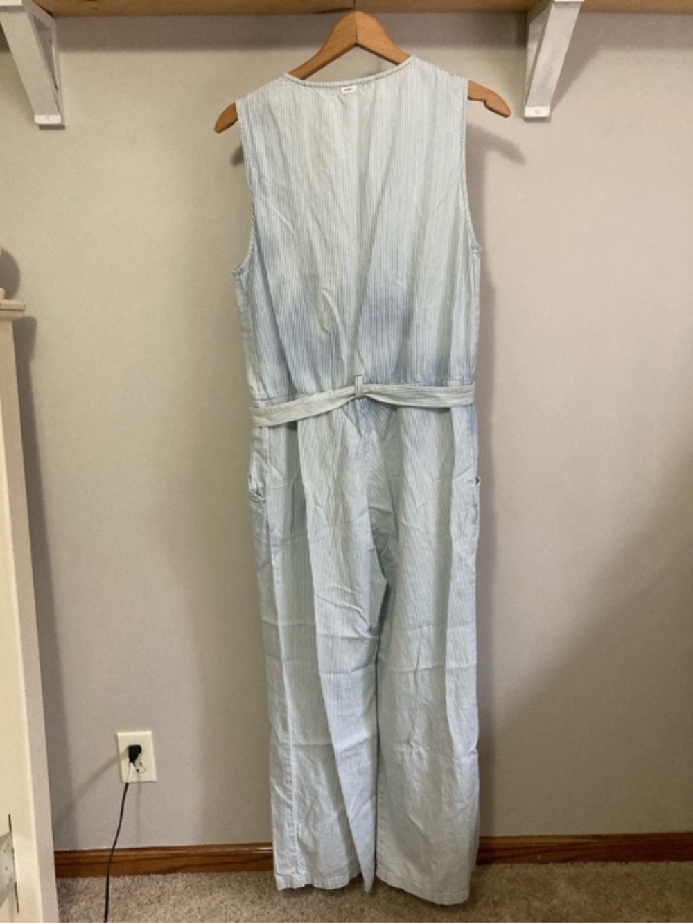 Obey Ombre Light Blue Pinstripe Sleeveless Belted Jumpsuit, size medium - Picture 7 of 9
